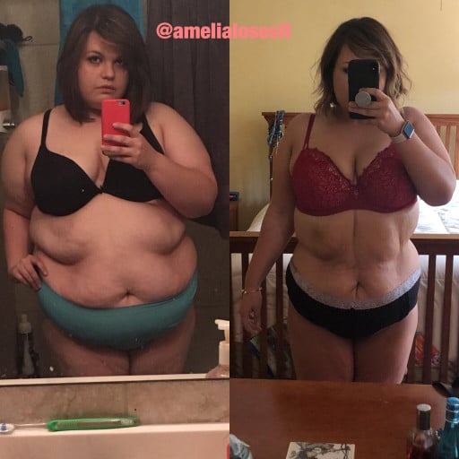 A progress pic of a 5'7" woman showing a fat loss from 310 pounds to 210 pounds. A respectable loss of 100 pounds.
