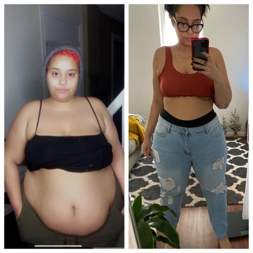A progress pic of a 5'7" woman showing a fat loss from 323 pounds to 239 pounds. A net loss of 84 pounds.