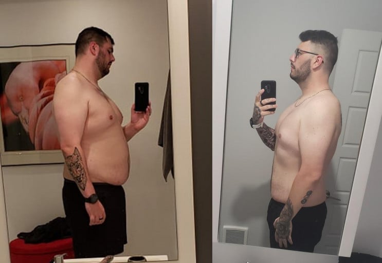 A before and after photo of a 6'4" male showing a weight reduction from 331 pounds to 259 pounds. A respectable loss of 72 pounds.