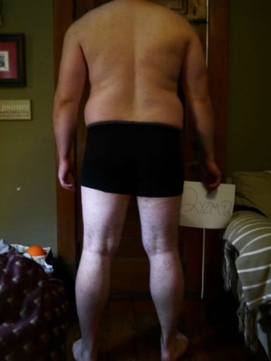 A before and after photo of a 6'3" male showing a snapshot of 276 pounds at a height of 6'3
