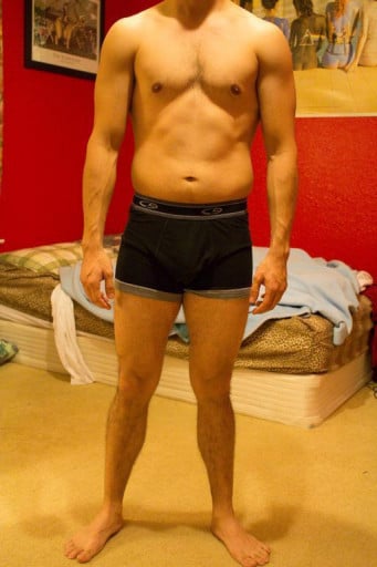 A before and after photo of a 5'5" male showing a snapshot of 135 pounds at a height of 5'5