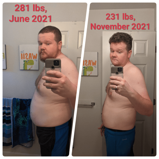 A before and after photo of a 6'2" male showing a weight reduction from 281 pounds to 231 pounds. A respectable loss of 50 pounds.