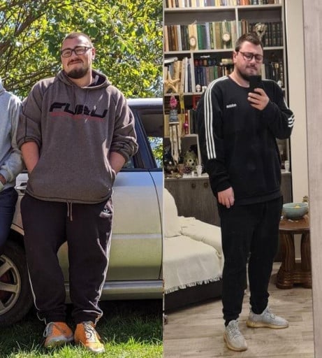 A before and after photo of a 6'1" male showing a weight reduction from 320 pounds to 255 pounds. A net loss of 65 pounds.