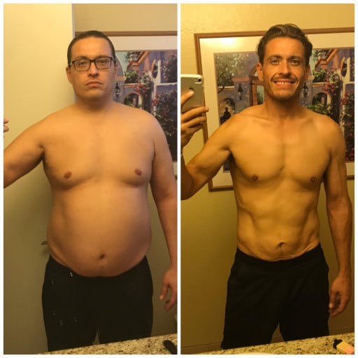 A picture of a 5'11" male showing a weight loss from 243 pounds to 173 pounds. A total loss of 70 pounds.