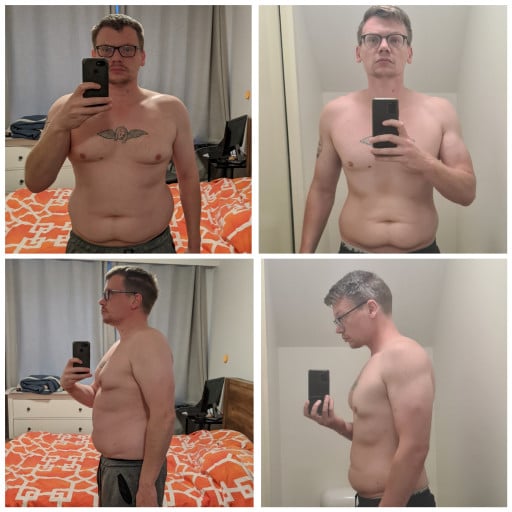 A before and after photo of a 5'11" male showing a weight reduction from 243 pounds to 211 pounds. A respectable loss of 32 pounds.