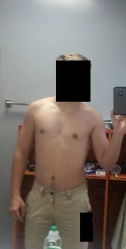 A before and after photo of a 5'7" male showing a snapshot of 158 pounds at a height of 5'7