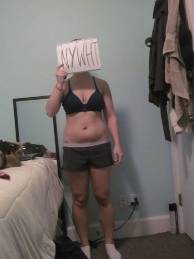A progress pic of a 5'3" woman showing a snapshot of 134 pounds at a height of 5'3