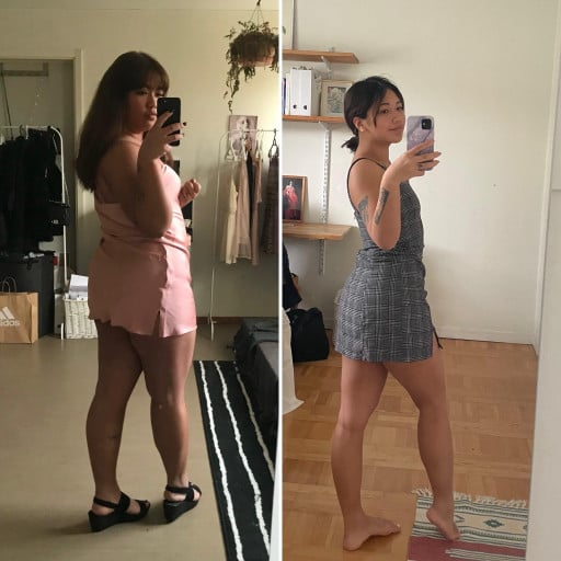 A before and after photo of a 5'2" female showing a weight reduction from 187 pounds to 121 pounds. A respectable loss of 66 pounds.