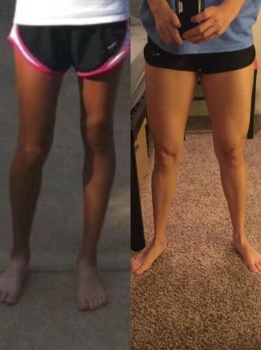 A progress pic of a 5'5" woman showing a weight gain from 108 pounds to 122 pounds. A net gain of 14 pounds.
