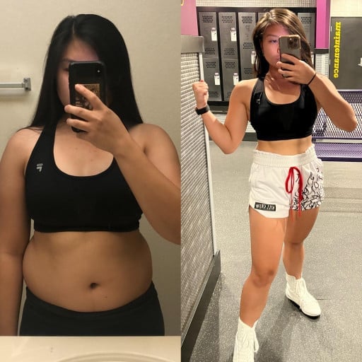 A photo of a 5'0" woman showing a weight cut from 140 pounds to 120 pounds. A respectable loss of 20 pounds.