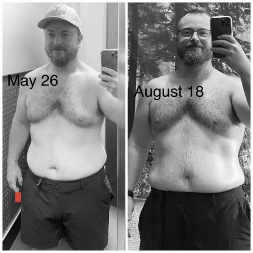A progress pic of a 5'6" man showing a fat loss from 228 pounds to 218 pounds. A respectable loss of 10 pounds.