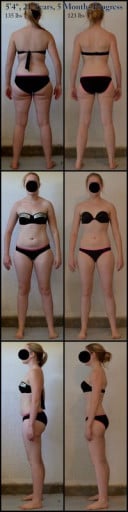 A progress pic of a 5'4" woman showing a fat loss from 135 pounds to 123 pounds. A total loss of 12 pounds.