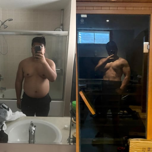 A progress pic of a 5'7" man showing a fat loss from 230 pounds to 180 pounds. A total loss of 50 pounds.