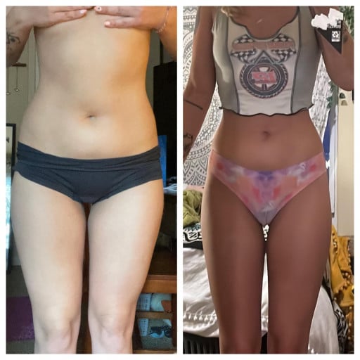 A before and after photo of a 5'7" female showing a weight reduction from 138 pounds to 125 pounds. A respectable loss of 13 pounds.