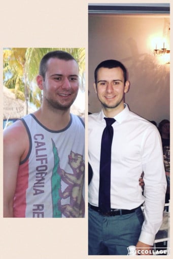 A progress pic of a 5'9" man showing a fat loss from 185 pounds to 169 pounds. A total loss of 16 pounds.