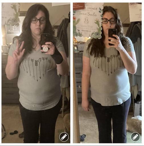 A before and after photo of a 5'7" female showing a weight reduction from 206 pounds to 198 pounds. A net loss of 8 pounds.