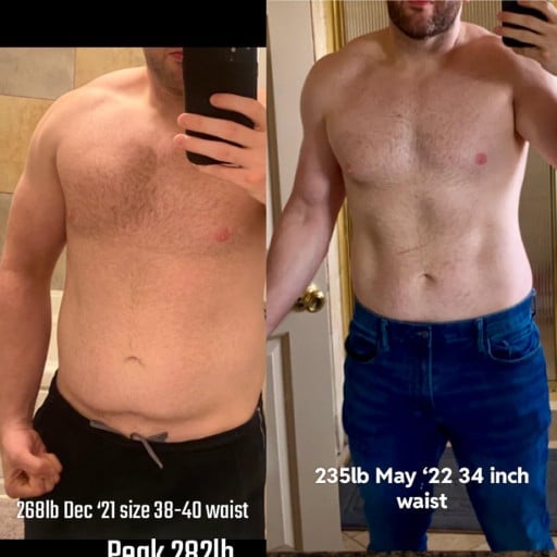A before and after photo of a 6'2" male showing a weight reduction from 282 pounds to 235 pounds. A respectable loss of 47 pounds.