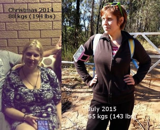 A progress pic of a 5'7" woman showing a fat loss from 194 pounds to 143 pounds. A total loss of 51 pounds.