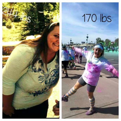 A photo of a 5'2" woman showing a weight cut from 244 pounds to 170 pounds. A total loss of 74 pounds.