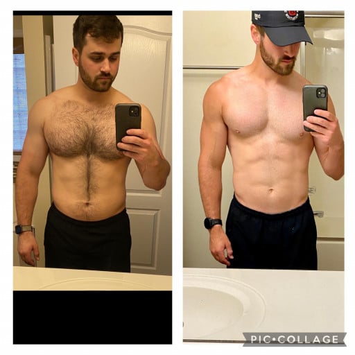 A progress pic of a 5'10" man showing a fat loss from 205 pounds to 182 pounds. A net loss of 23 pounds.