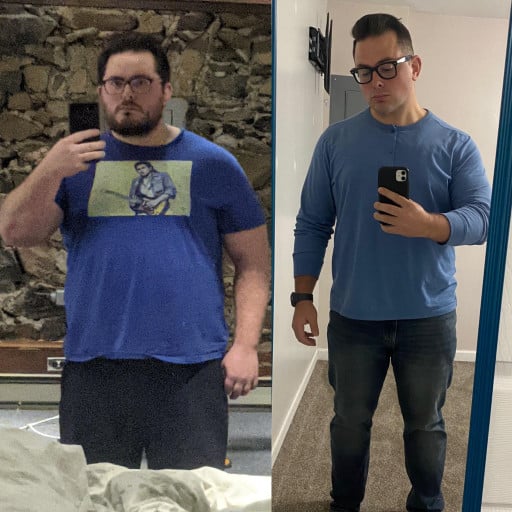 A picture of a 5'10" male showing a weight loss from 315 pounds to 240 pounds. A net loss of 75 pounds.