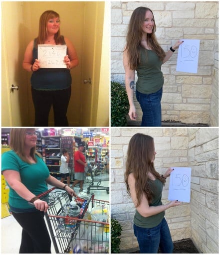 A picture of a 5'6" female showing a weight loss from 225 pounds to 150 pounds. A total loss of 75 pounds.