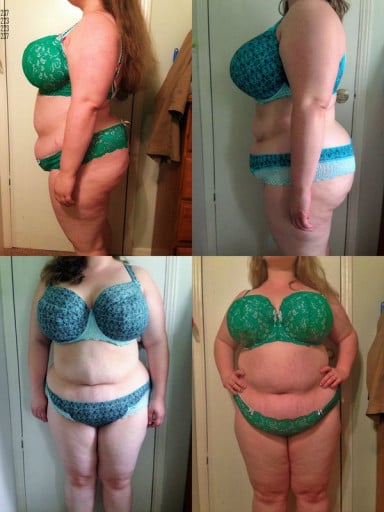A progress pic of a 5'1" woman showing a weight cut from 237 pounds to 223 pounds. A respectable loss of 14 pounds.