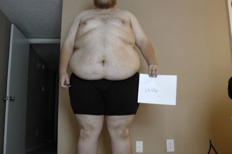A before and after photo of a 6'3" male showing a snapshot of 426 pounds at a height of 6'3