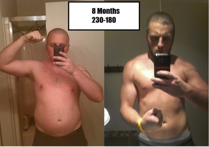 A picture of a 5'11" male showing a weight loss from 230 pounds to 150 pounds. A net loss of 80 pounds.