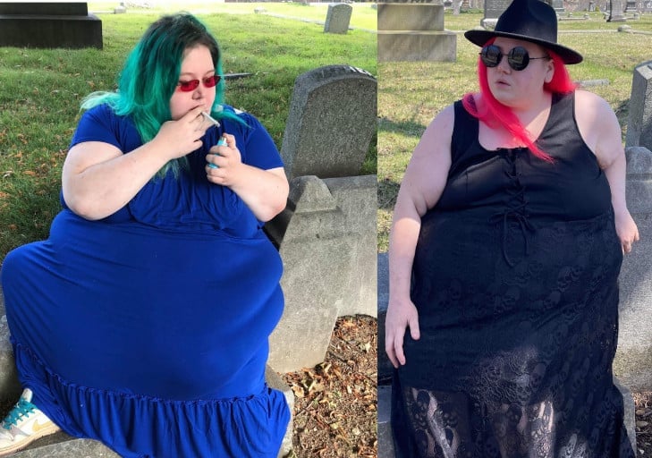A picture of a 5'5" female showing a weight loss from 520 pounds to 320 pounds. A total loss of 200 pounds.