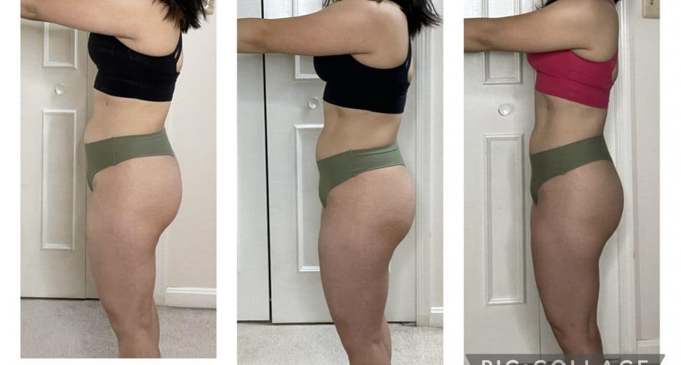 A before and after photo of a 5'1" female showing a weight reduction from 145 pounds to 134 pounds. A total loss of 11 pounds.