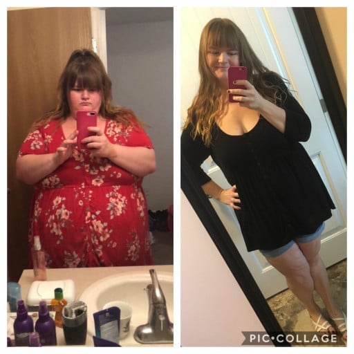 A progress pic of a 5'6" woman showing a fat loss from 425 pounds to 223 pounds. A net loss of 202 pounds.