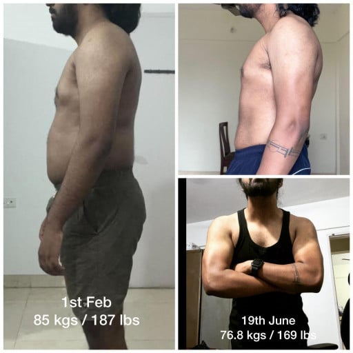 A progress pic of a 5'7" man showing a fat loss from 187 pounds to 169 pounds. A total loss of 18 pounds.