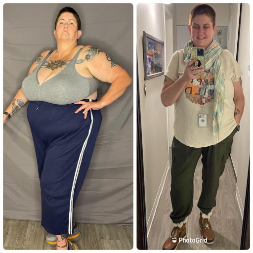 A before and after photo of a 6'2" female showing a weight reduction from 383 pounds to 269 pounds. A respectable loss of 114 pounds.