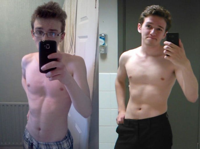 A before and after photo of a 5'10" male showing a muscle gain from 124 pounds to 155 pounds. A total gain of 31 pounds.