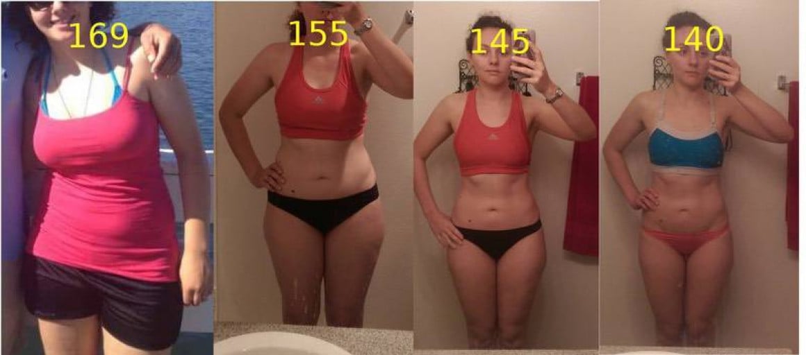 A photo of a 5'8" woman showing a fat loss from 169 pounds to 140 pounds. A respectable loss of 29 pounds.