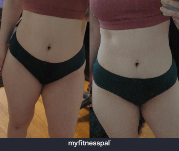 A before and after photo of a 5'2" female showing a weight reduction from 141 pounds to 131 pounds. A net loss of 10 pounds.