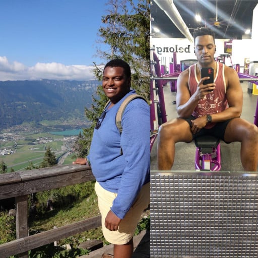 A before and after photo of a 5'10" male showing a weight reduction from 303 pounds to 200 pounds. A total loss of 103 pounds.
