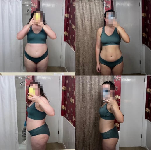 A before and after photo of a 5'6" female showing a weight reduction from 208 pounds to 157 pounds. A net loss of 51 pounds.