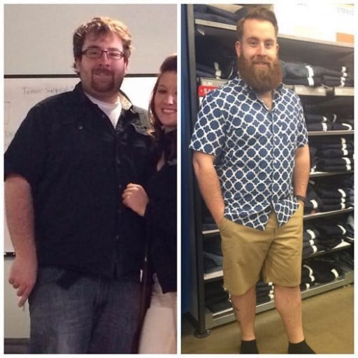 A before and after photo of a 5'9" male showing a weight reduction from 263 pounds to 216 pounds. A total loss of 47 pounds.