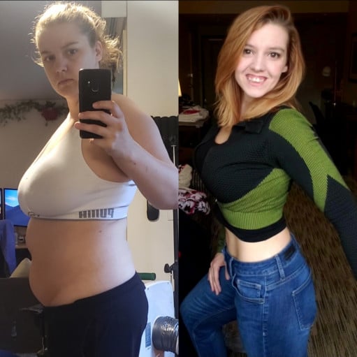 A progress pic of a 5'7" woman showing a fat loss from 214 pounds to 144 pounds. A respectable loss of 70 pounds.