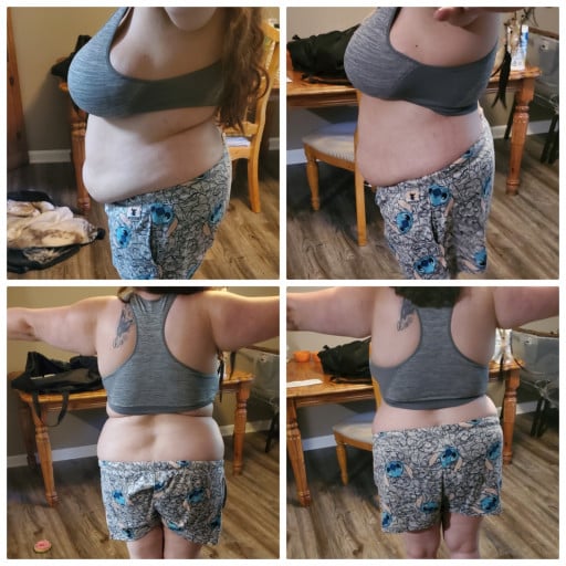 A before and after photo of a 5'1" female showing a weight reduction from 213 pounds to 204 pounds. A net loss of 9 pounds.