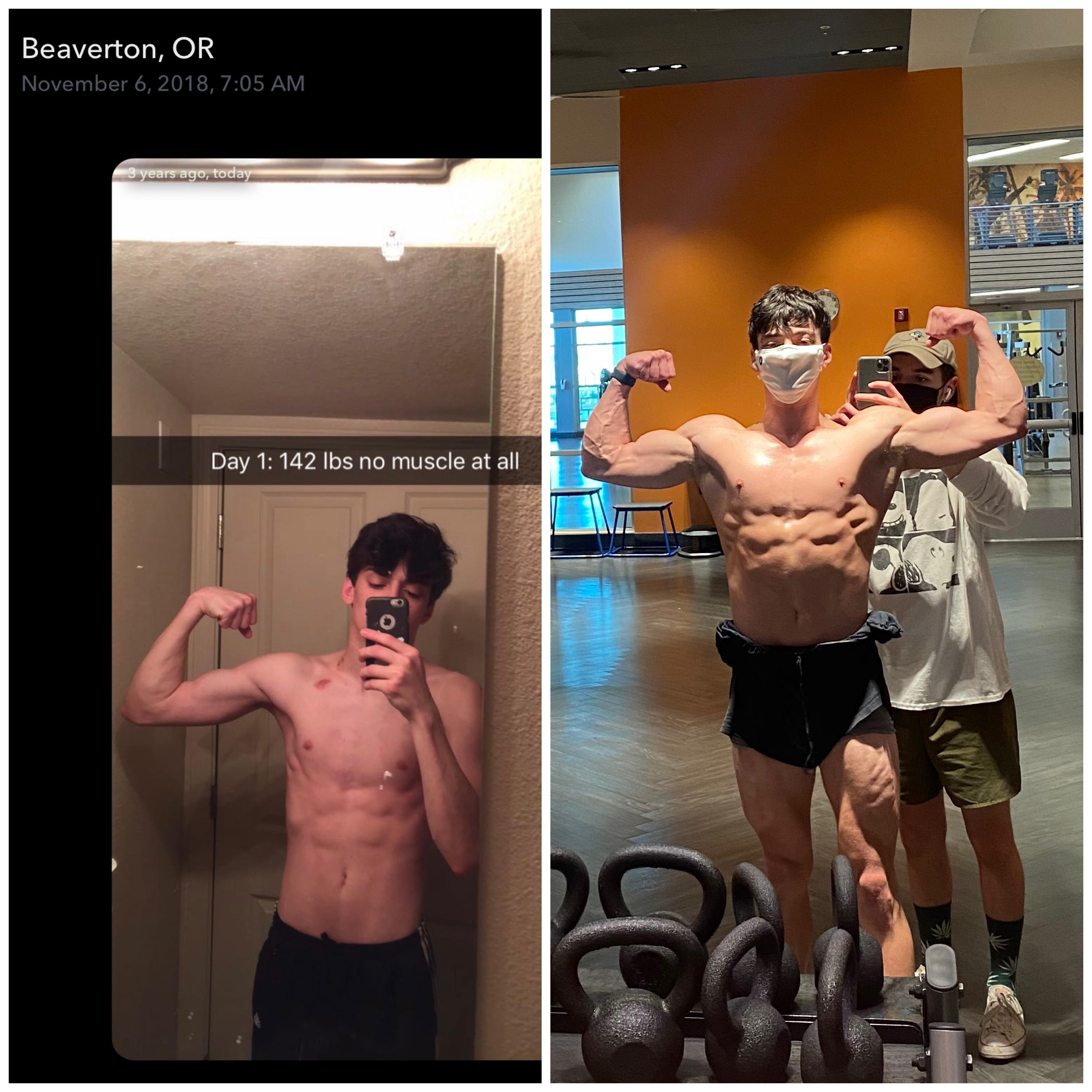 Before and After 37 lbs Muscle Gain 6'1 Male 142 lbs to 179 lbs