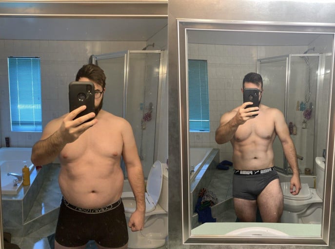 A progress pic of a 5'8" man showing a fat loss from 230 pounds to 196 pounds. A net loss of 34 pounds.