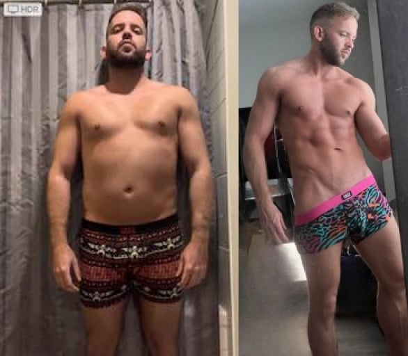 A photo of a 5'10" man showing a weight cut from 180 pounds to 164 pounds. A net loss of 16 pounds.
