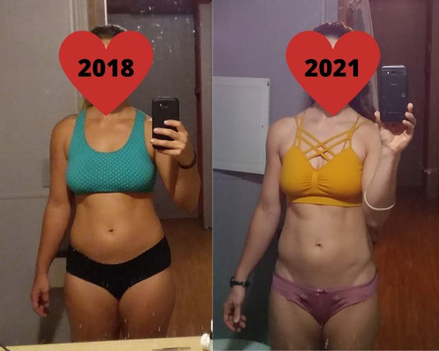A before and after photo of a 5'2" female showing a weight reduction from 138 pounds to 126 pounds. A net loss of 12 pounds.