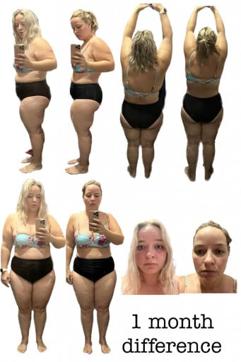A before and after photo of a 5'5" female showing a weight reduction from 226 pounds to 203 pounds. A respectable loss of 23 pounds.