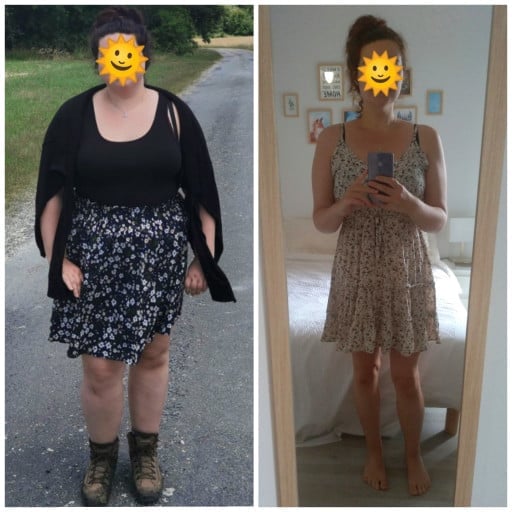 5 foot 7 Female Before and After 121 lbs Fat Loss 275 lbs to 154 lbs