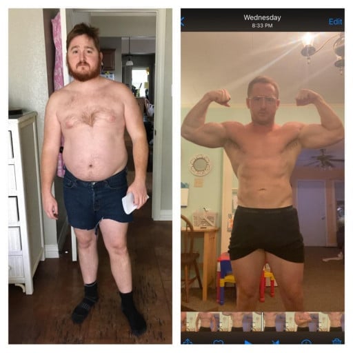 A progress pic of a 5'7" man showing a fat loss from 215 pounds to 185 pounds. A total loss of 30 pounds.