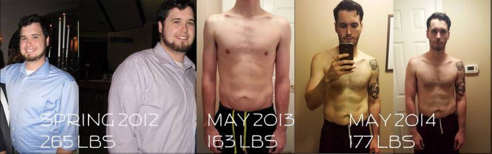 A before and after photo of a 6'1" male showing a weight reduction from 265 pounds to 163 pounds. A net loss of 102 pounds.